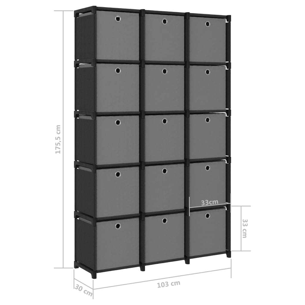 Display shelf 15 cubes, boxes, black, 103x30x175.5 cm, textile