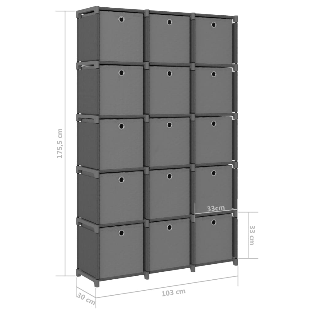 Display shelf 15 cubes, boxes, gray 103x30x175.5 cm, textile