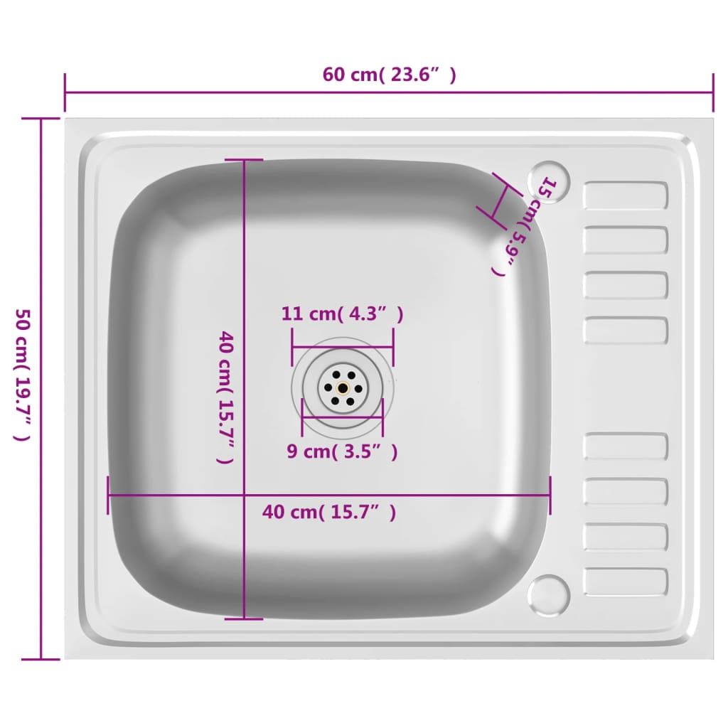 Kitchen sink with drainer, silver 600x500x155 mm steel