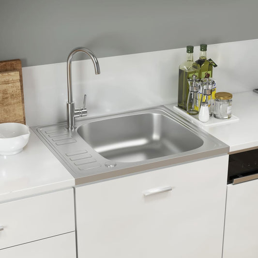 Kitchen sink with drainer, silver 600x500x155 mm steel