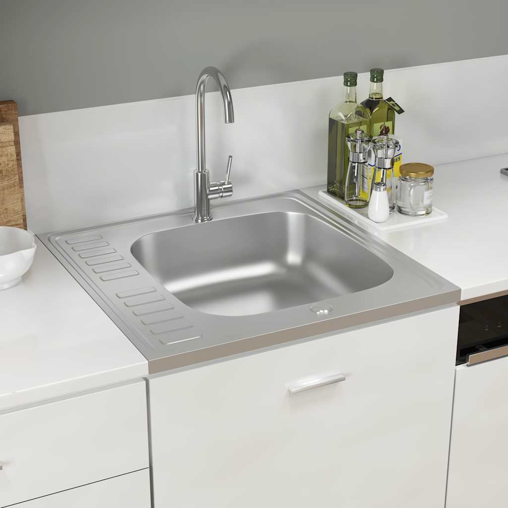 Kitchen sink with drainer, silver 600x600x155 mm steel