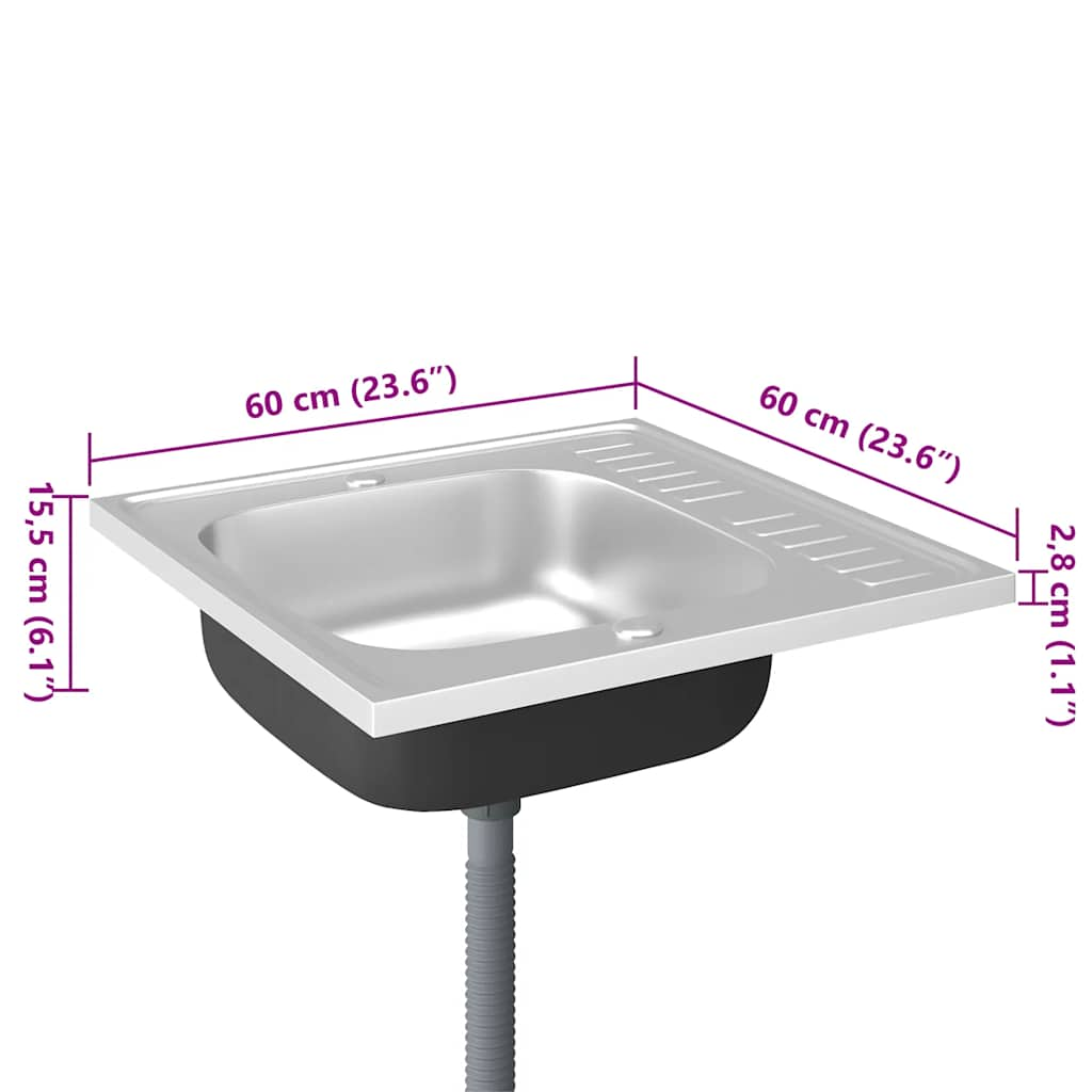 Kitchen sink with drainer, silver 600x600x155 mm steel