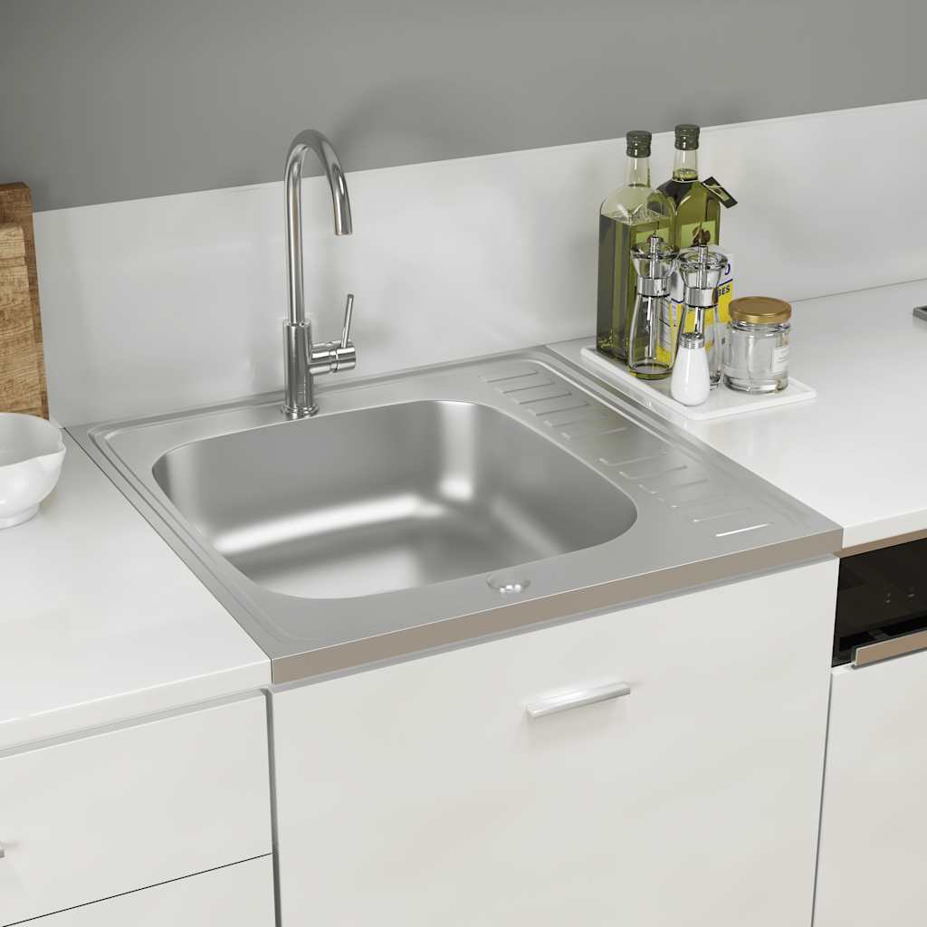 Kitchen sink with drainer, silver 600x600x155 mm steel