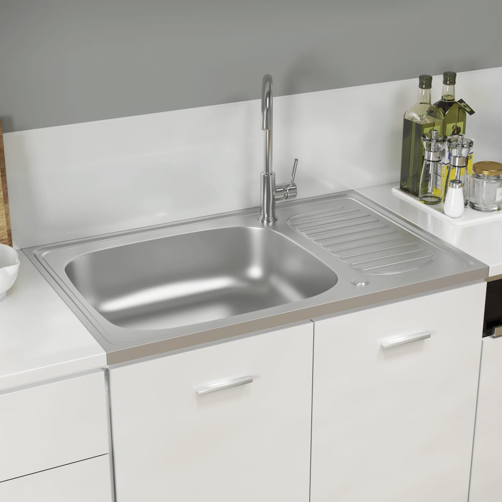 Kitchen sink with drainer, silver 800x500x155 mm steel