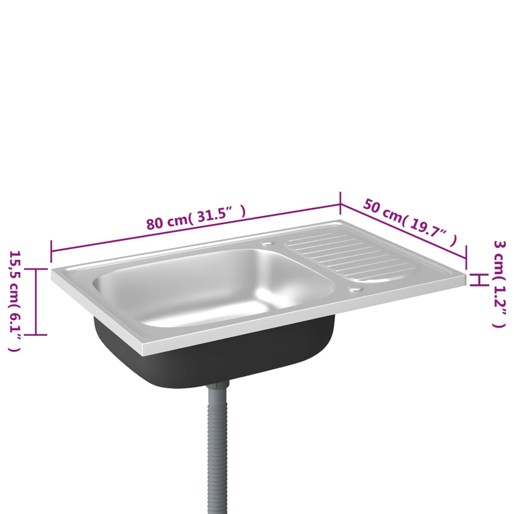 Kitchen sink with drainer, silver 800x500x155 mm steel