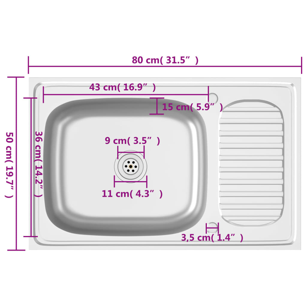 Kitchen sink with drainer, silver 800x500x155 mm steel