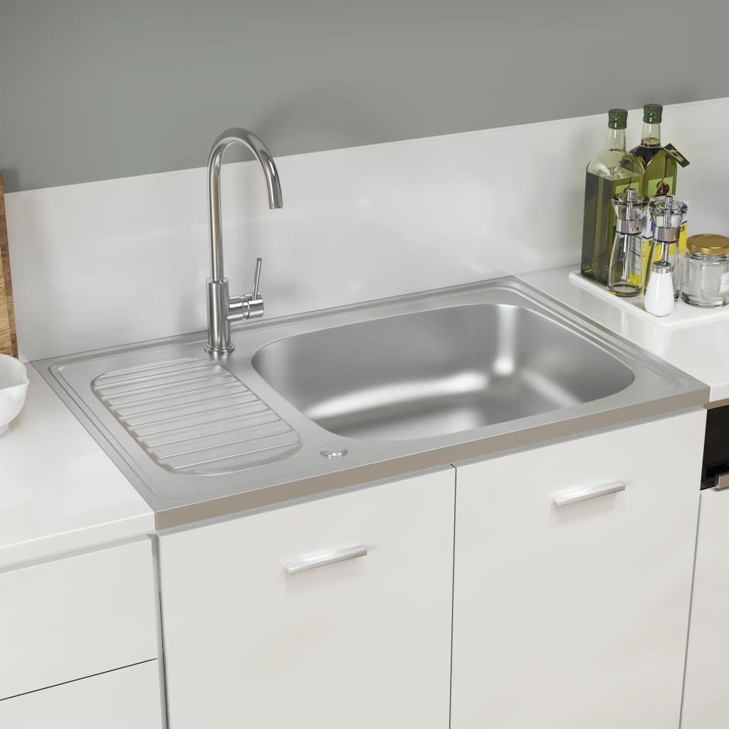 Kitchen sink with drainer, silver 800x500x155 mm steel