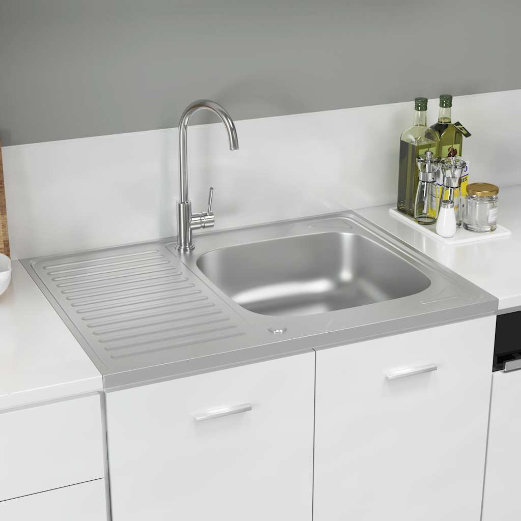 Kitchen sink with drainer, silver 800x600x155 mm steel