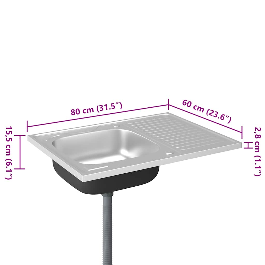 Kitchen sink with drainer, silver 800x600x155 mm steel