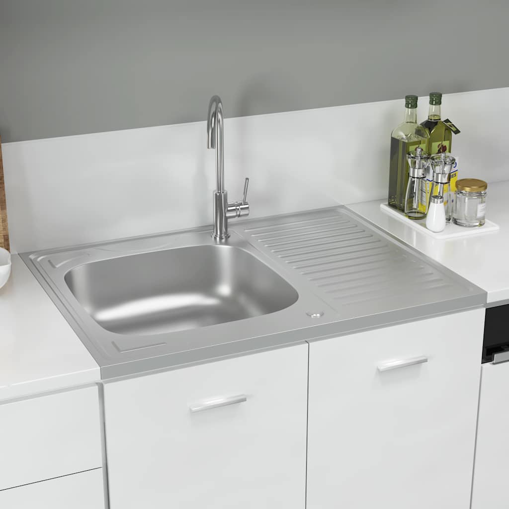 Kitchen sink with drainer, silver 800x600x155 mm steel