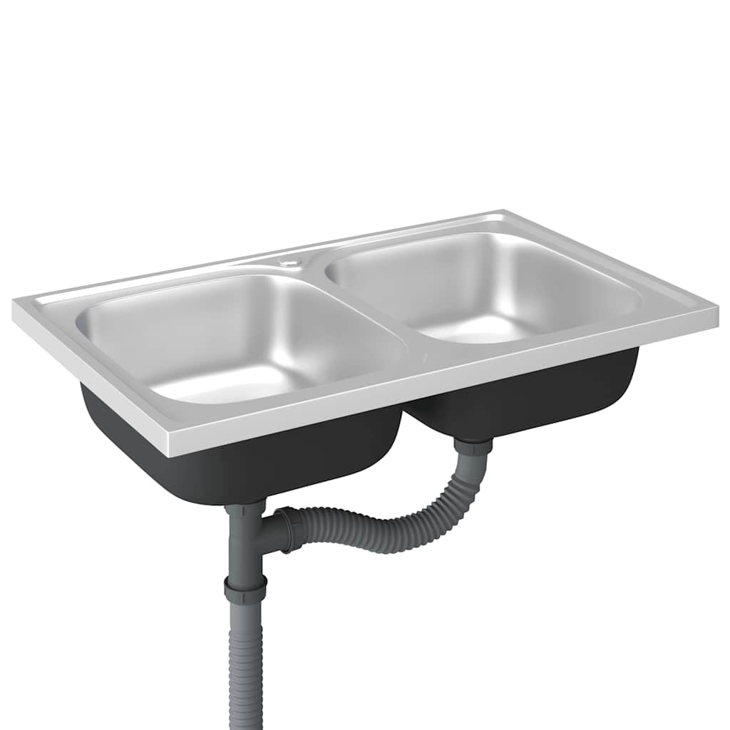 2-bowl kitchen sink, silver, 800x500x155 mm, steel