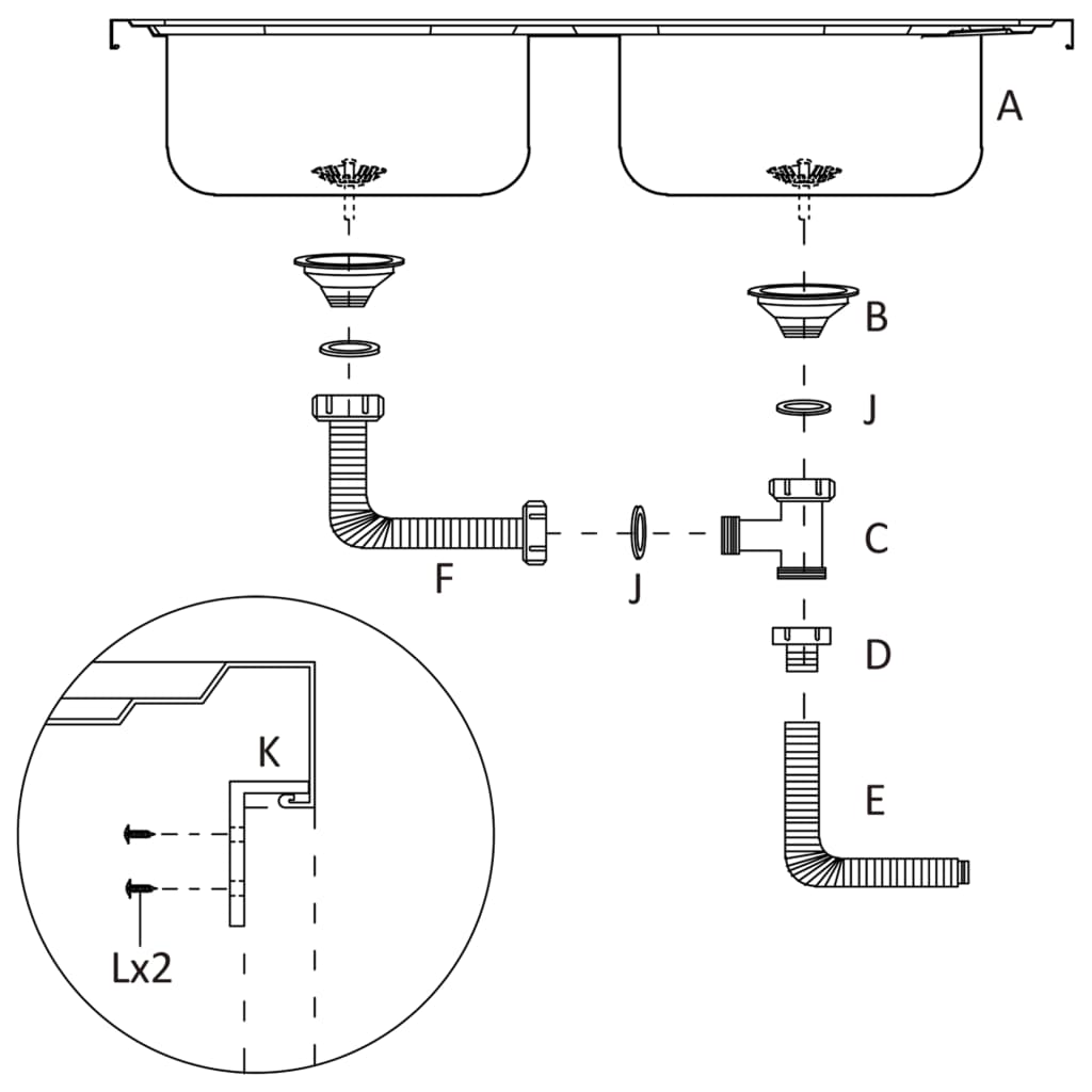 2-bowl kitchen sink, silver, 800x600x155 mm, steel