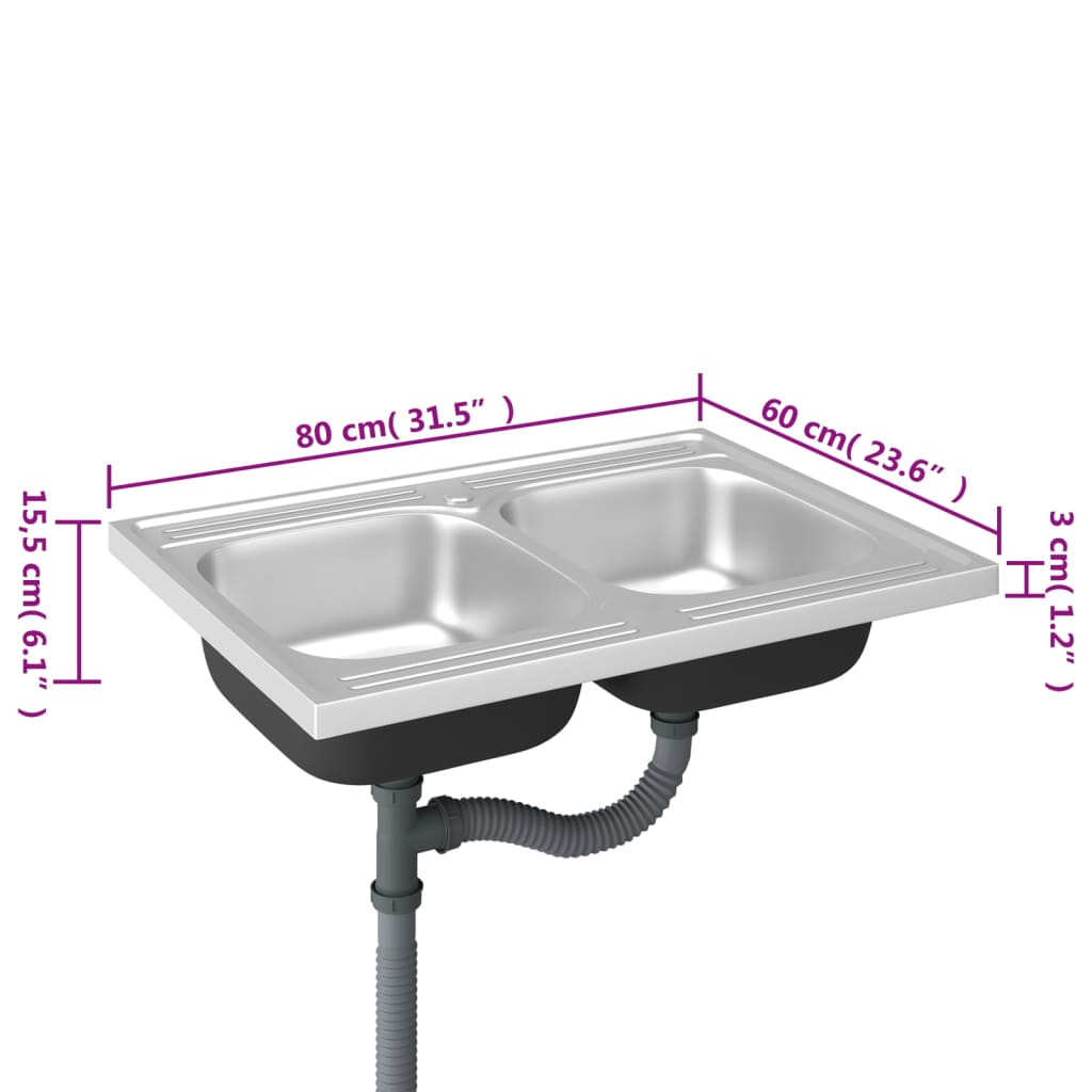 2-bowl kitchen sink, silver, 800x600x155 mm, steel