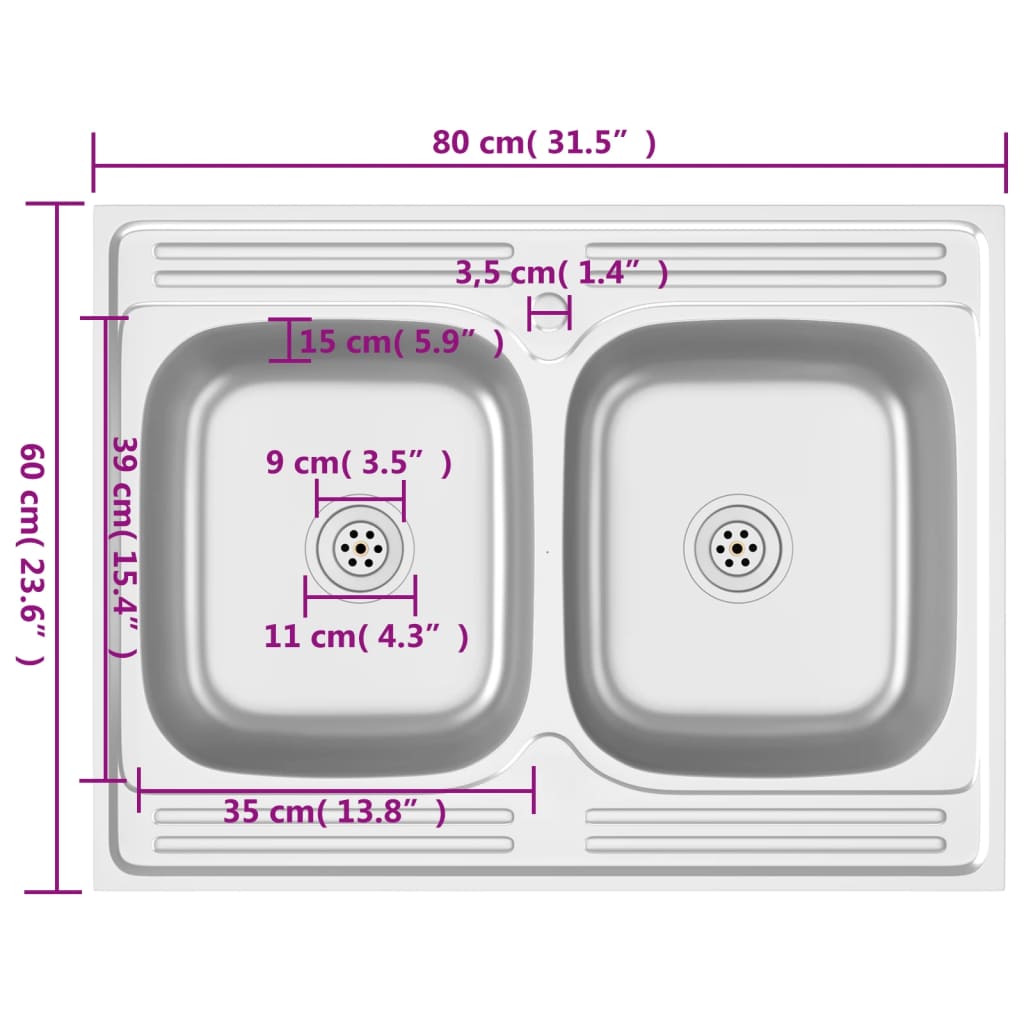 2-bowl kitchen sink, silver, 800x600x155 mm, steel