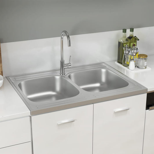 2-bowl kitchen sink, silver, 800x600x155 mm, steel