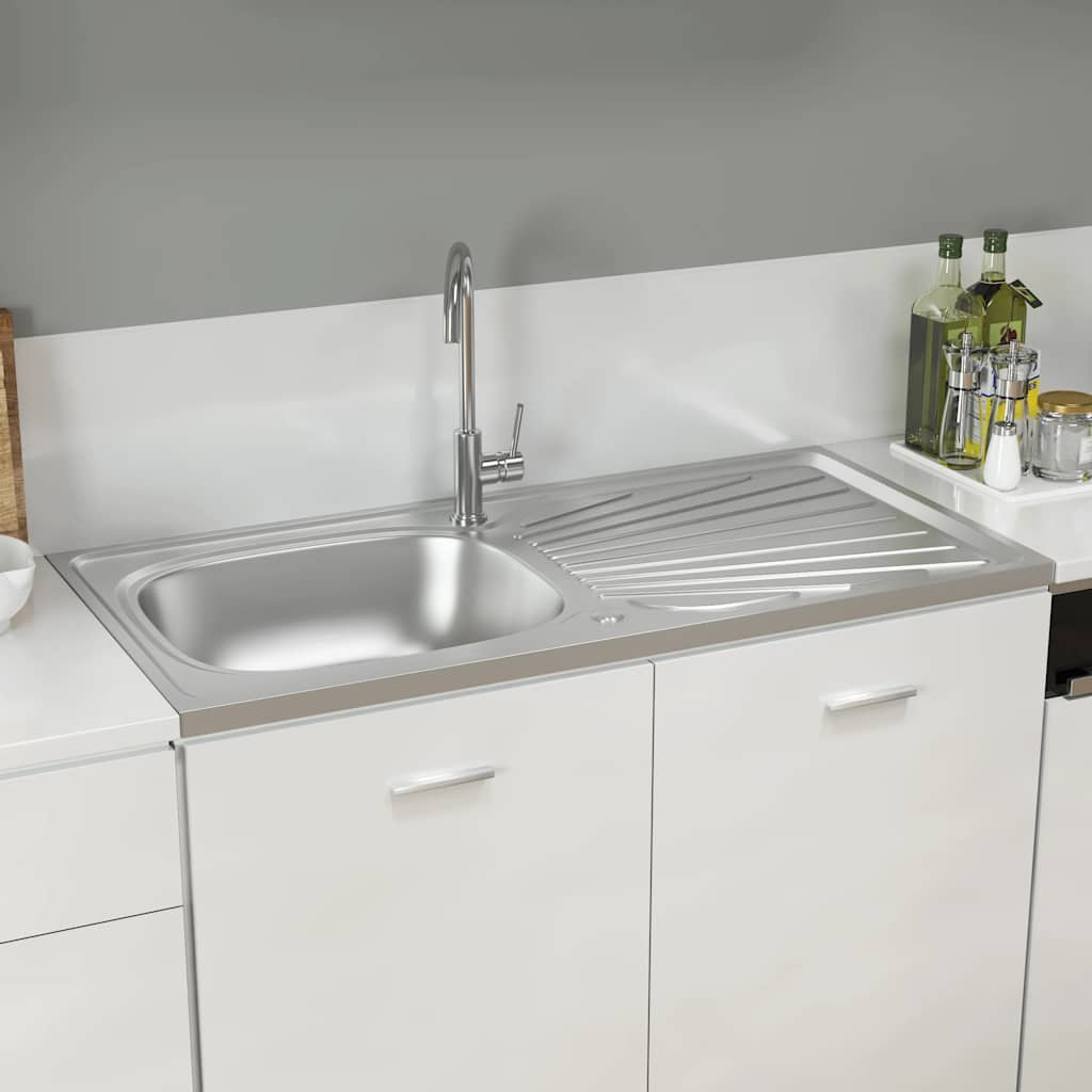 Kitchen sink with drainer, silver, 1000x500x155 mm steel