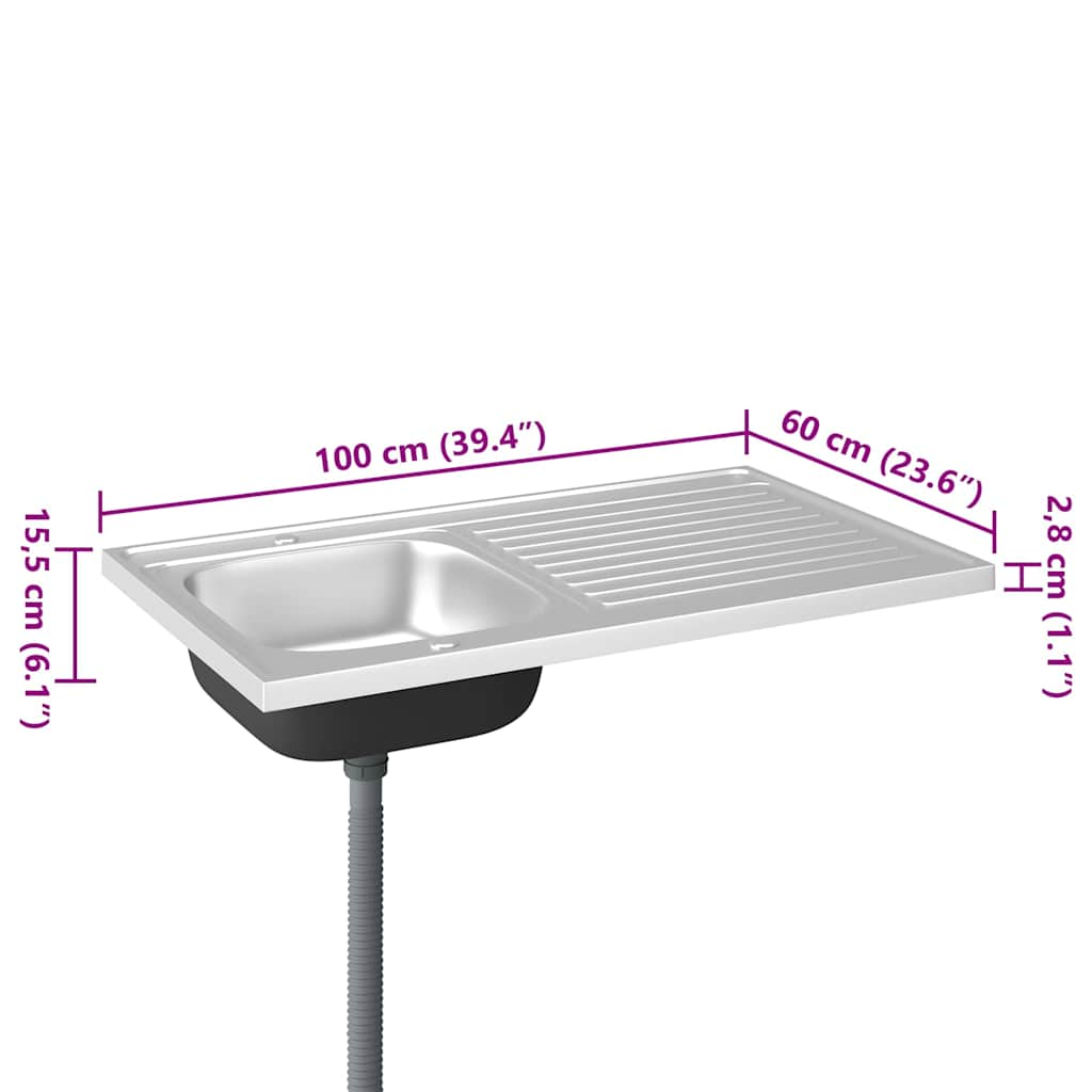 Kitchen sink with drainer, silver, 1000x600x155 mm steel