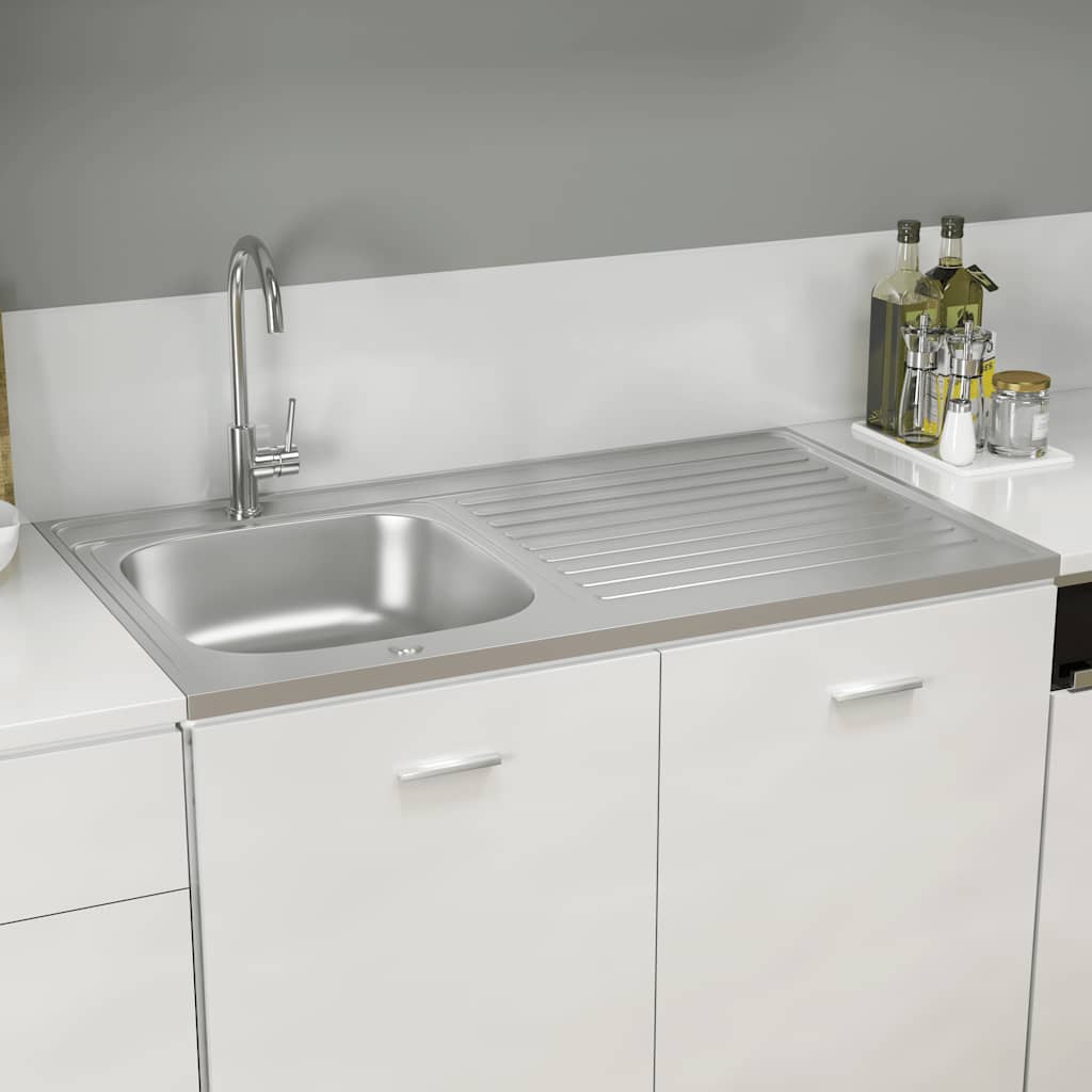 Kitchen sink with drainer, silver, 1000x600x155 mm steel