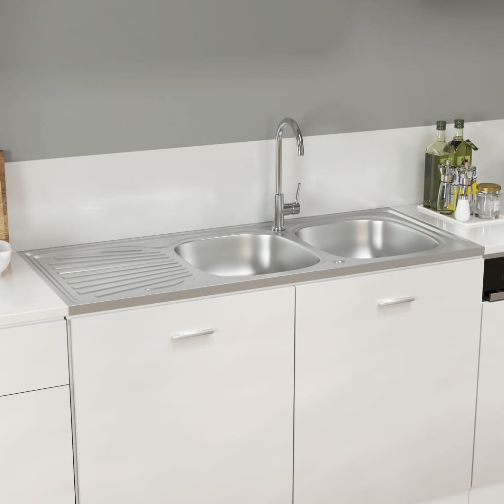 2-bowl kitchen sink, silver, 1200x500x155 mm, steel