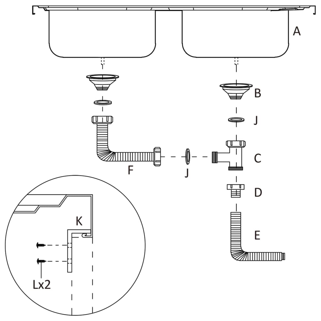 2-bowl kitchen sink, silver, 1200x500x155 mm, steel