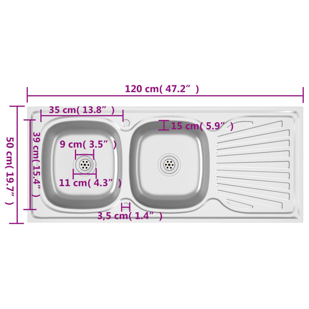 2-bowl kitchen sink, silver, 1200x500x155 mm, steel