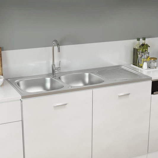 2-bowl kitchen sink, silver, 1200x500x155 mm, steel