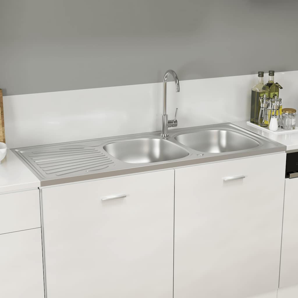 2-bowl kitchen sink, silver, 1200x600x155 mm, steel