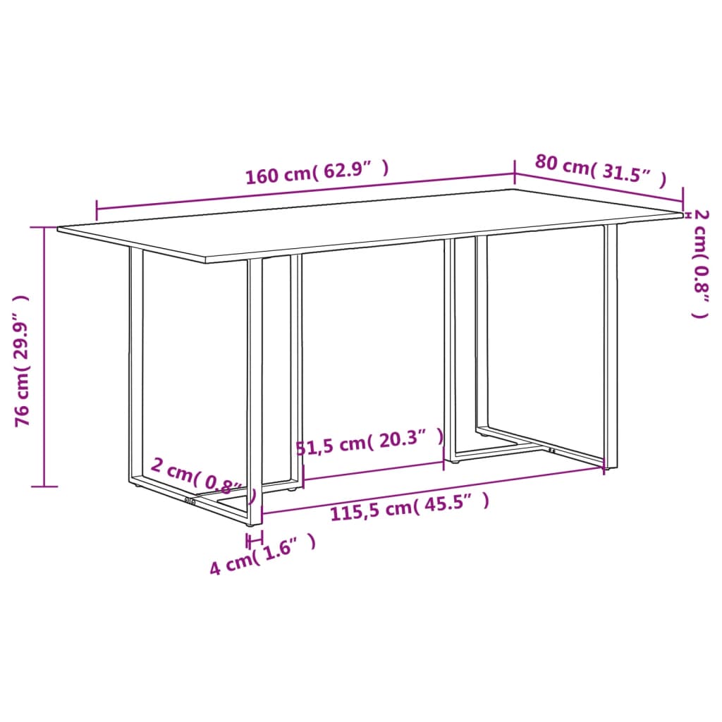 Kitchen table, 160 cm, unfinished mango wood