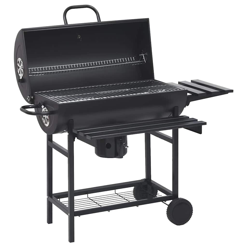 Barrel grill with wheels and shelves, black, 115x85x95 cm, steel