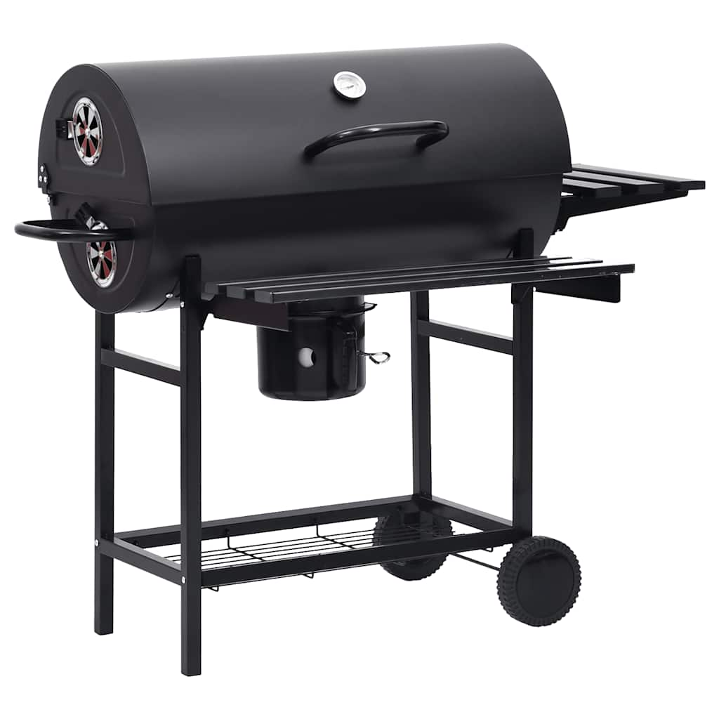 Barrel grill with wheels and shelves, black, 115x85x95 cm, steel