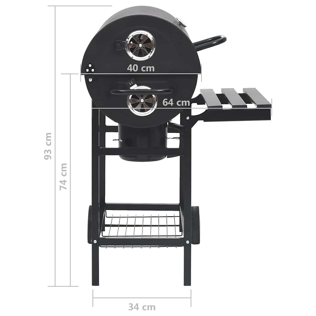 Barrel grill with wheels and shelves, black, 115x85x95 cm, steel