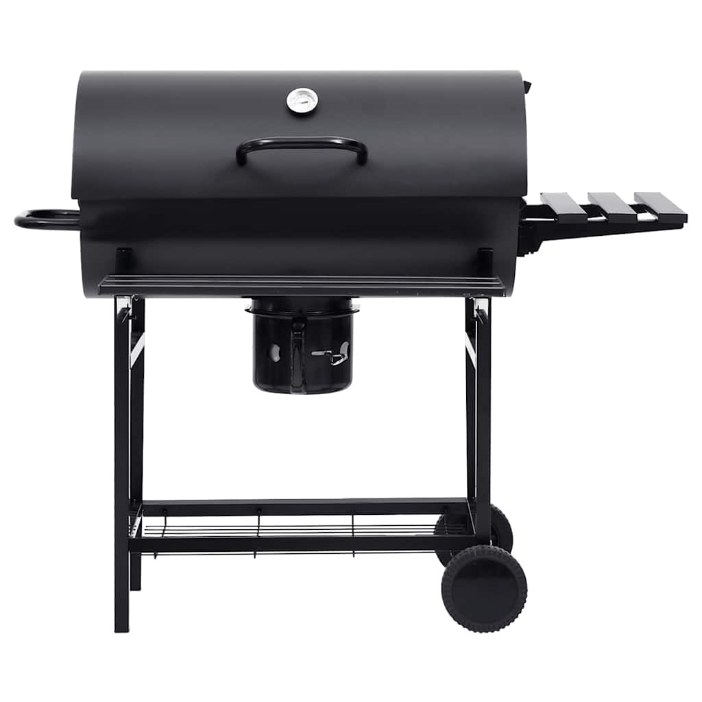 Barrel grill with wheels and shelves, black, 115x85x95 cm, steel