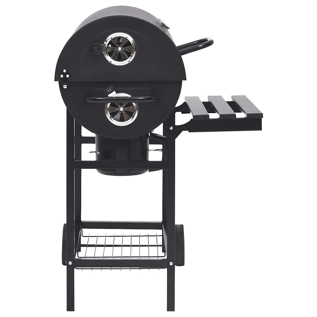 Barrel grill with wheels and shelves, black, 115x85x95 cm, steel