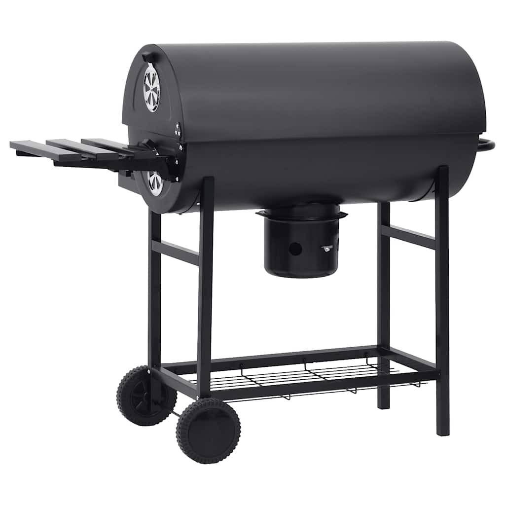 Barrel grill with wheels and shelves, black, 115x85x95 cm, steel