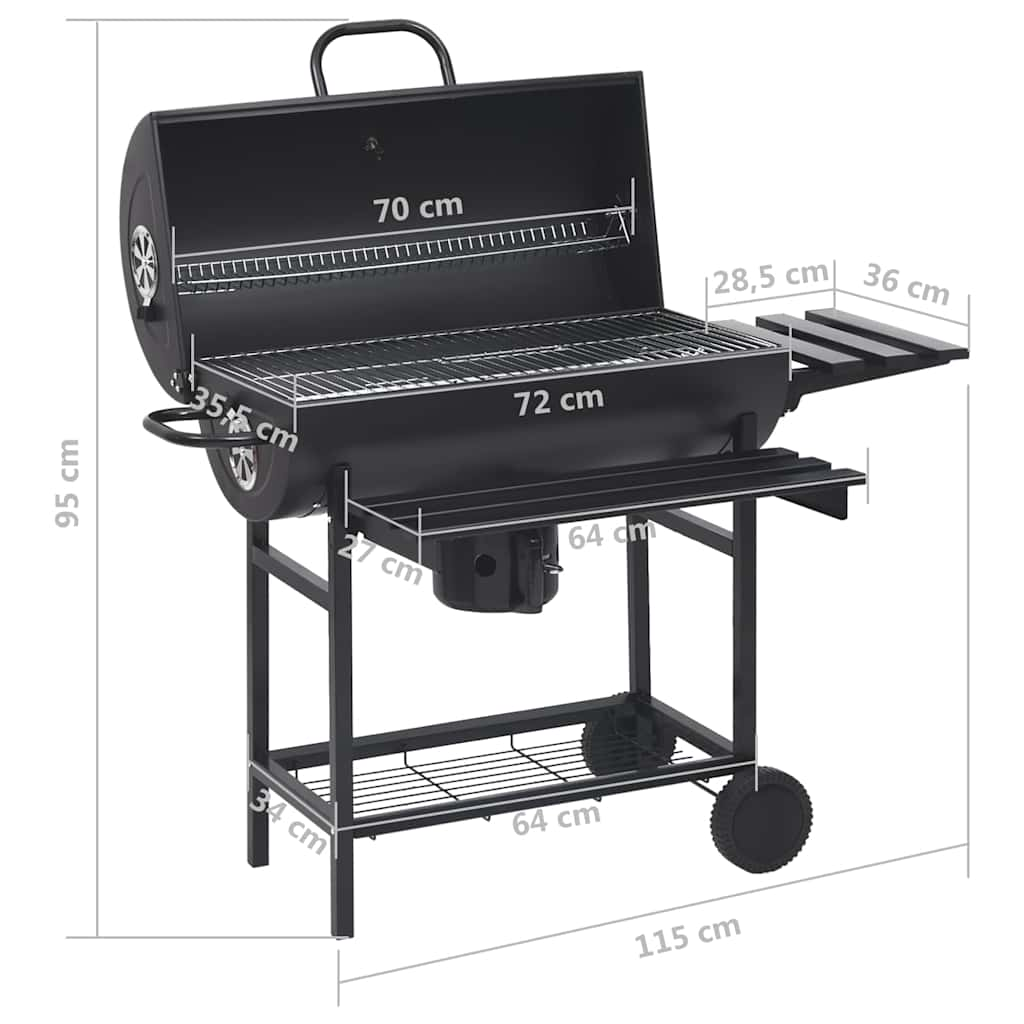 Barrel grill with wheels and shelves, black, 115x85x95 cm, steel