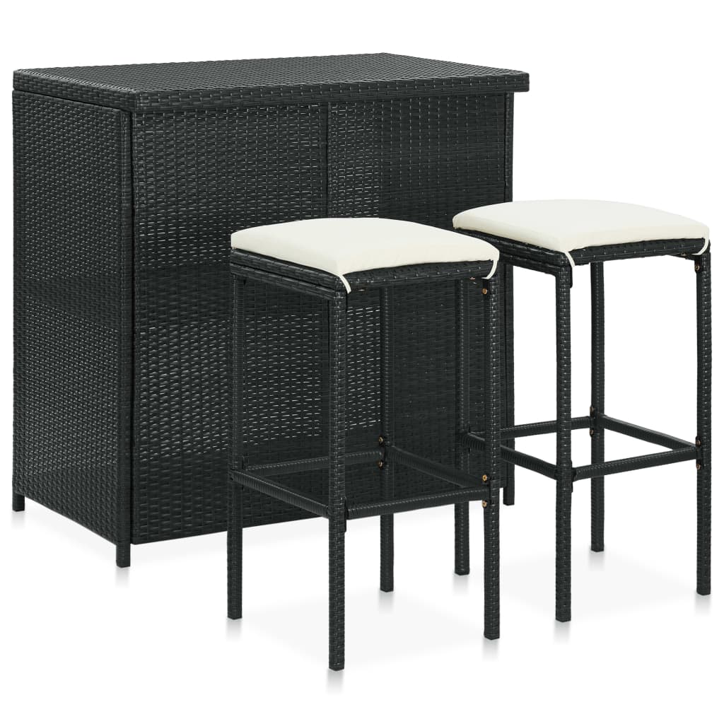 Set mobilier de bar, 3 piese, negru, poliratan