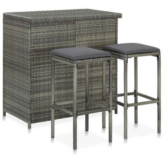 Bar furniture set, 3 pieces, grey, poly rattan