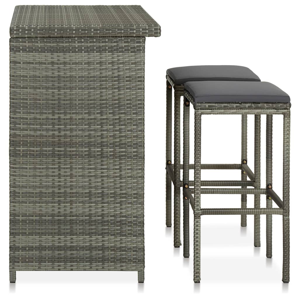 Bar furniture set, 3 pieces, grey, poly rattan