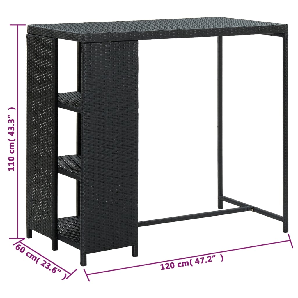 Bar table with storage shelf, black, 120x60x110 cm, polyrattan