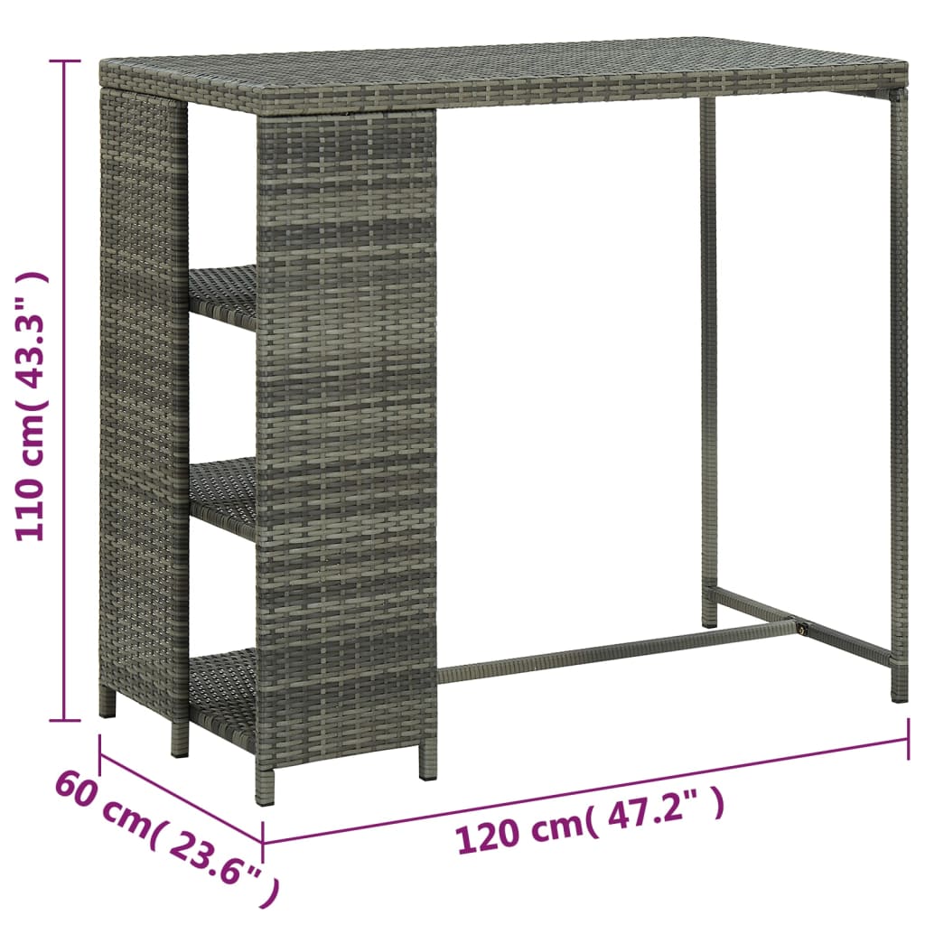 Masă de bar cu raft de depozitare, gri 120x60x110 cm, poliratan