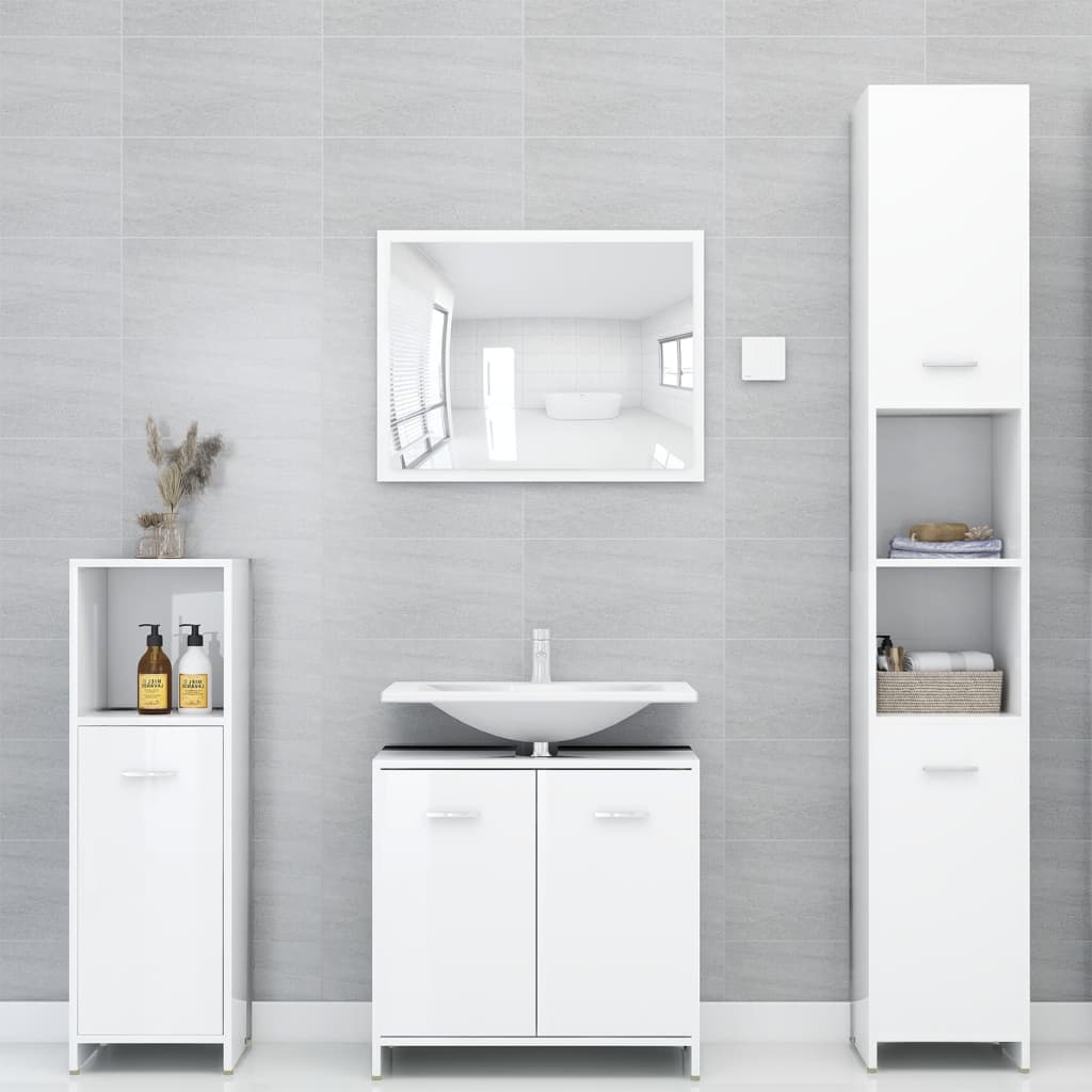 Bathroom furniture set, 4 pieces, high-gloss white, processed wood