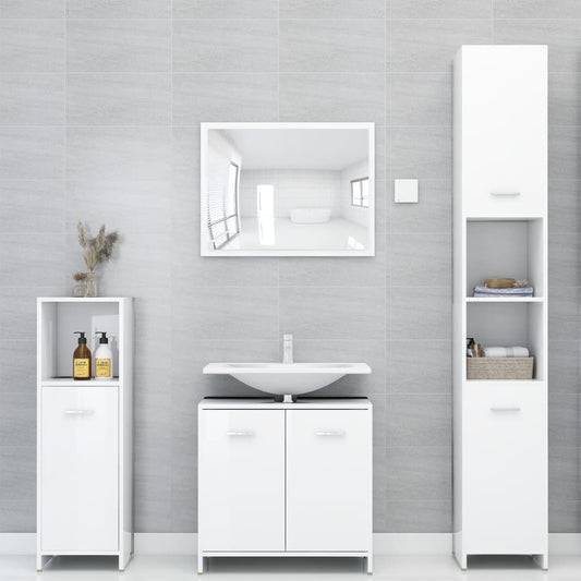 Bathroom furniture set, 4 pieces, high-gloss white, processed wood