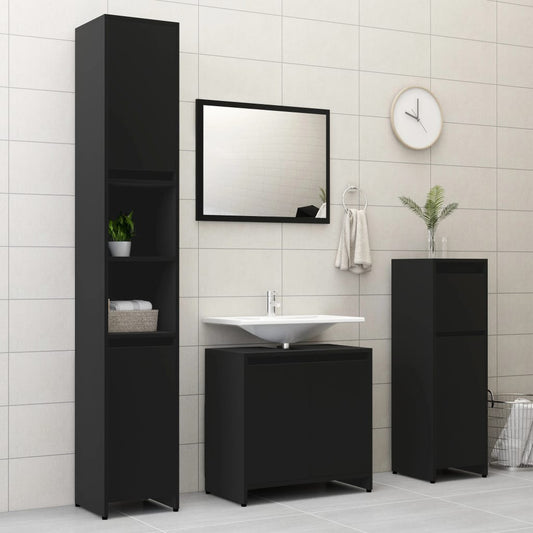 Bathroom furniture set, 4 pieces, black, processed wood