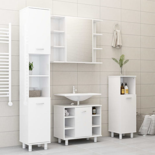 Bathroom furniture set, 4 pieces, high-gloss white, chipboard