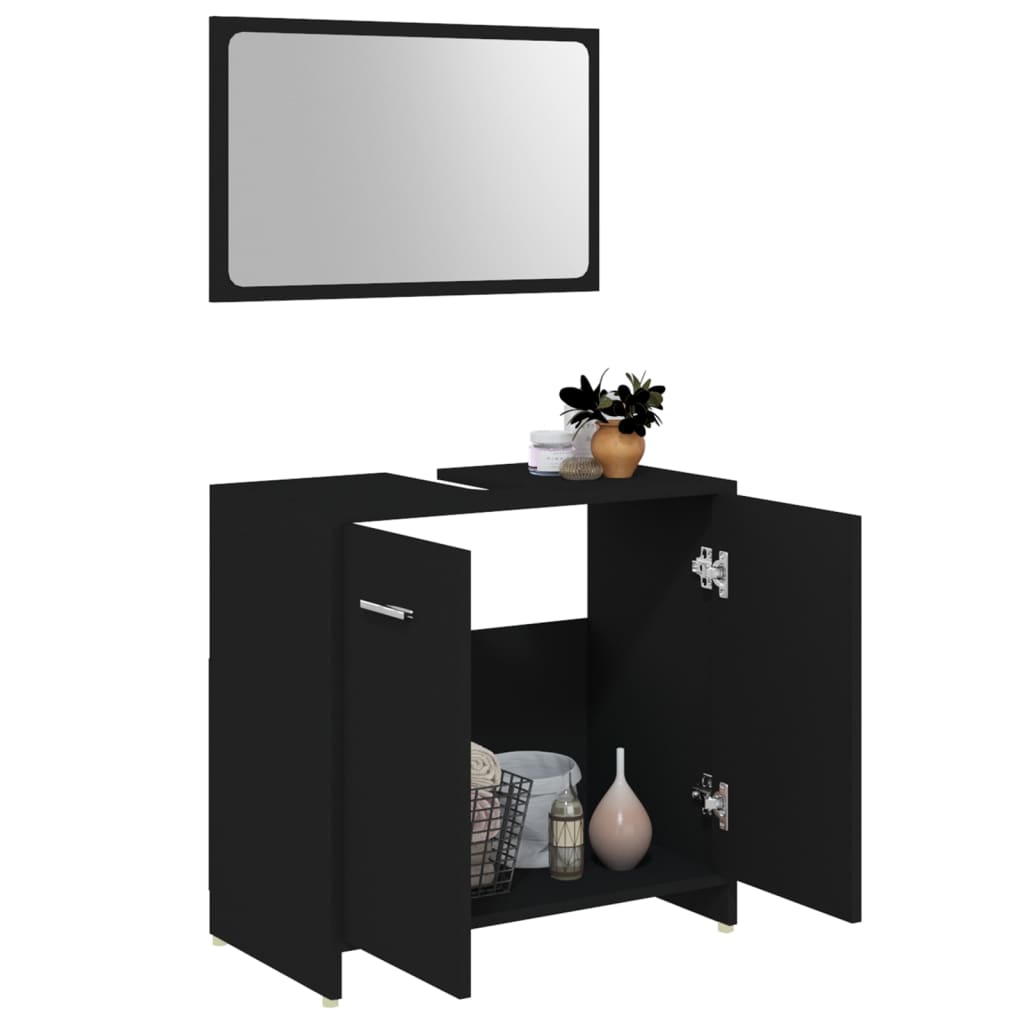 Set mobilier de baie, 3 piese, negru, lemn prelucrat