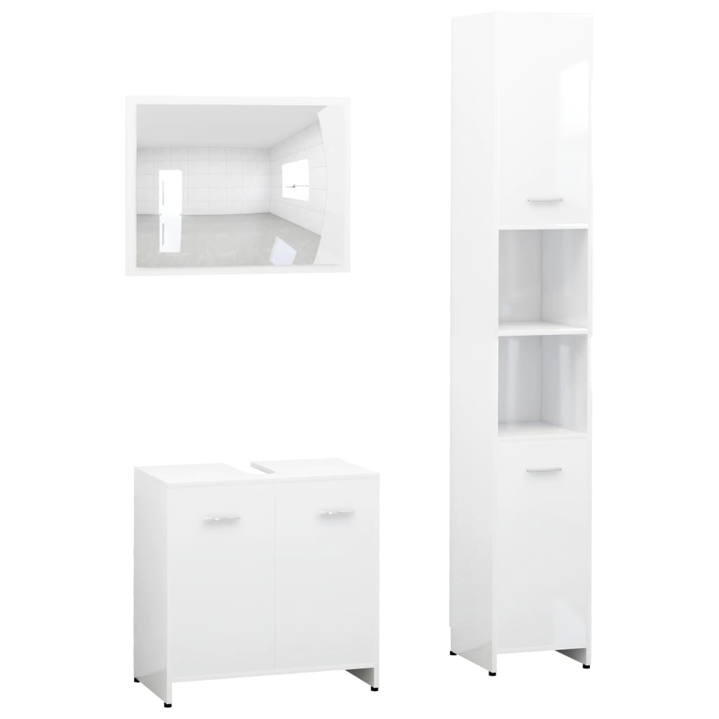 Set mobilier de baie, 3 piese, alb extralucios, lemn prelucrat