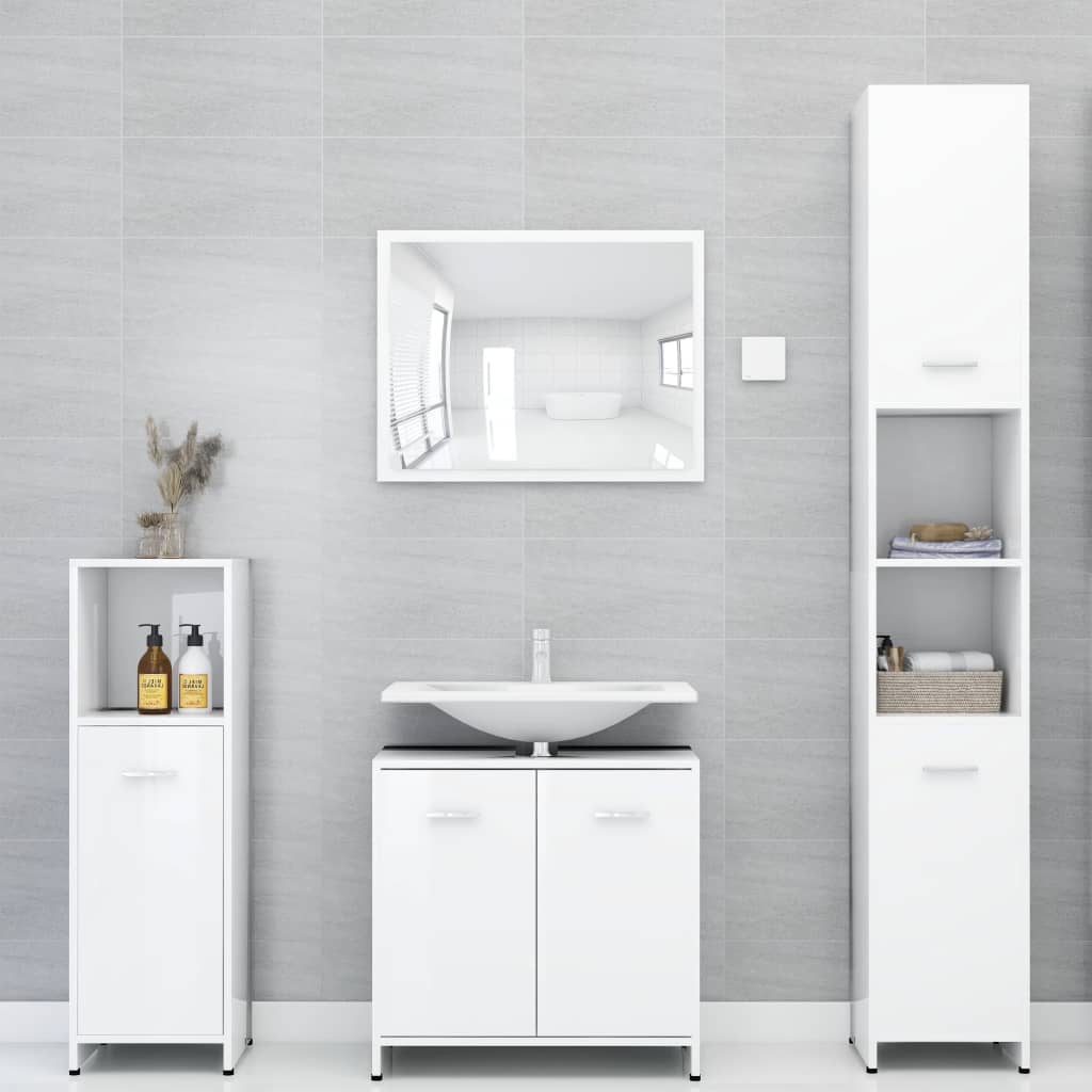 Bathroom furniture set, 3 pieces, high-gloss white, processed wood