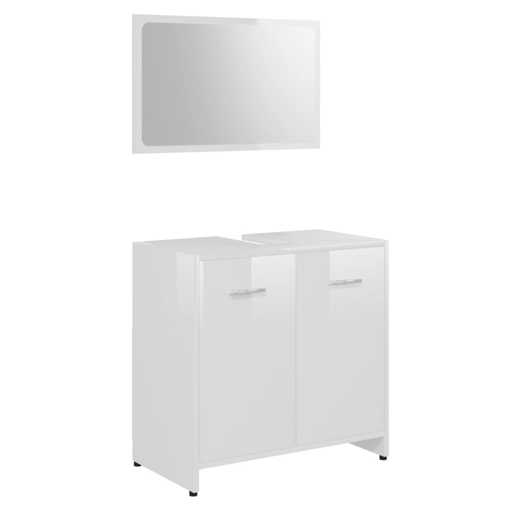 Set mobilier de baie, 3 piese, alb extralucios, lemn prelucrat