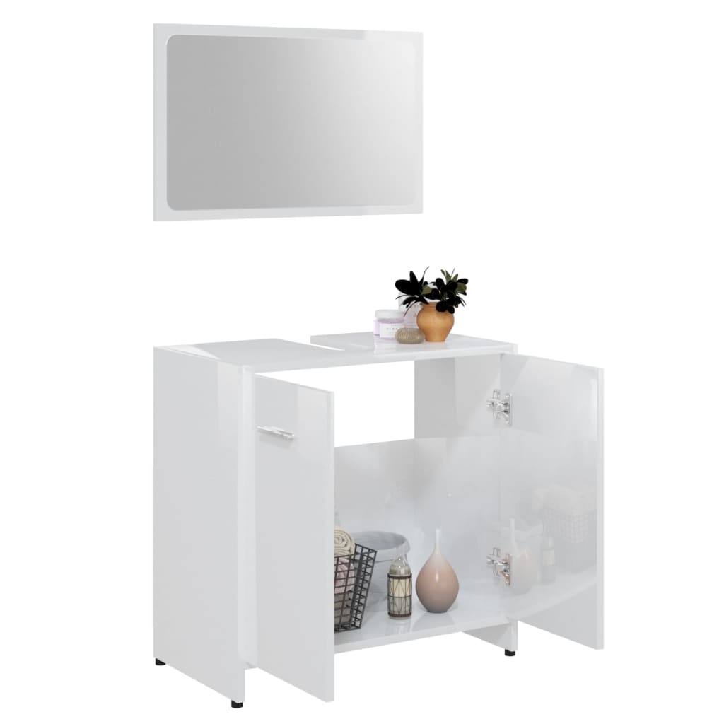 Set mobilier de baie, 3 piese, alb extralucios, lemn prelucrat