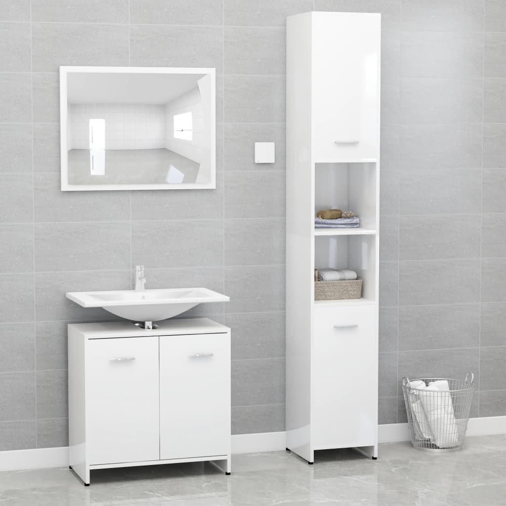 Bathroom furniture set, 3 pieces, high-gloss white, processed wood